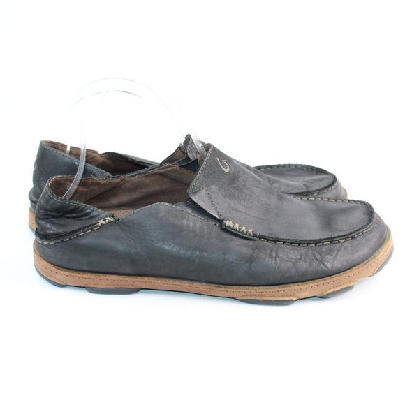 OluKai Moloa Black Leather Slip On Loafers Shoes Hawaiian #122 main image 7